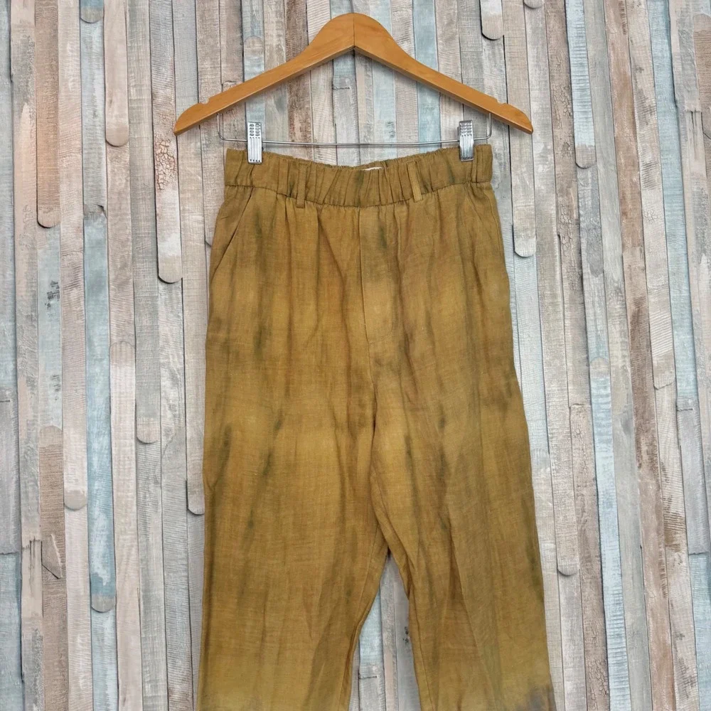 Zara XS Ombre Dip Tie Dye Linen Blend Pull On Trousers Pants Mustard Yellow Grey
